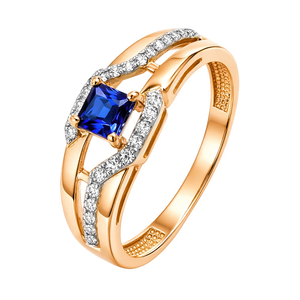 Кольцо с сапфиром синтетическим и бриллиантами из красного золота 585 пробы