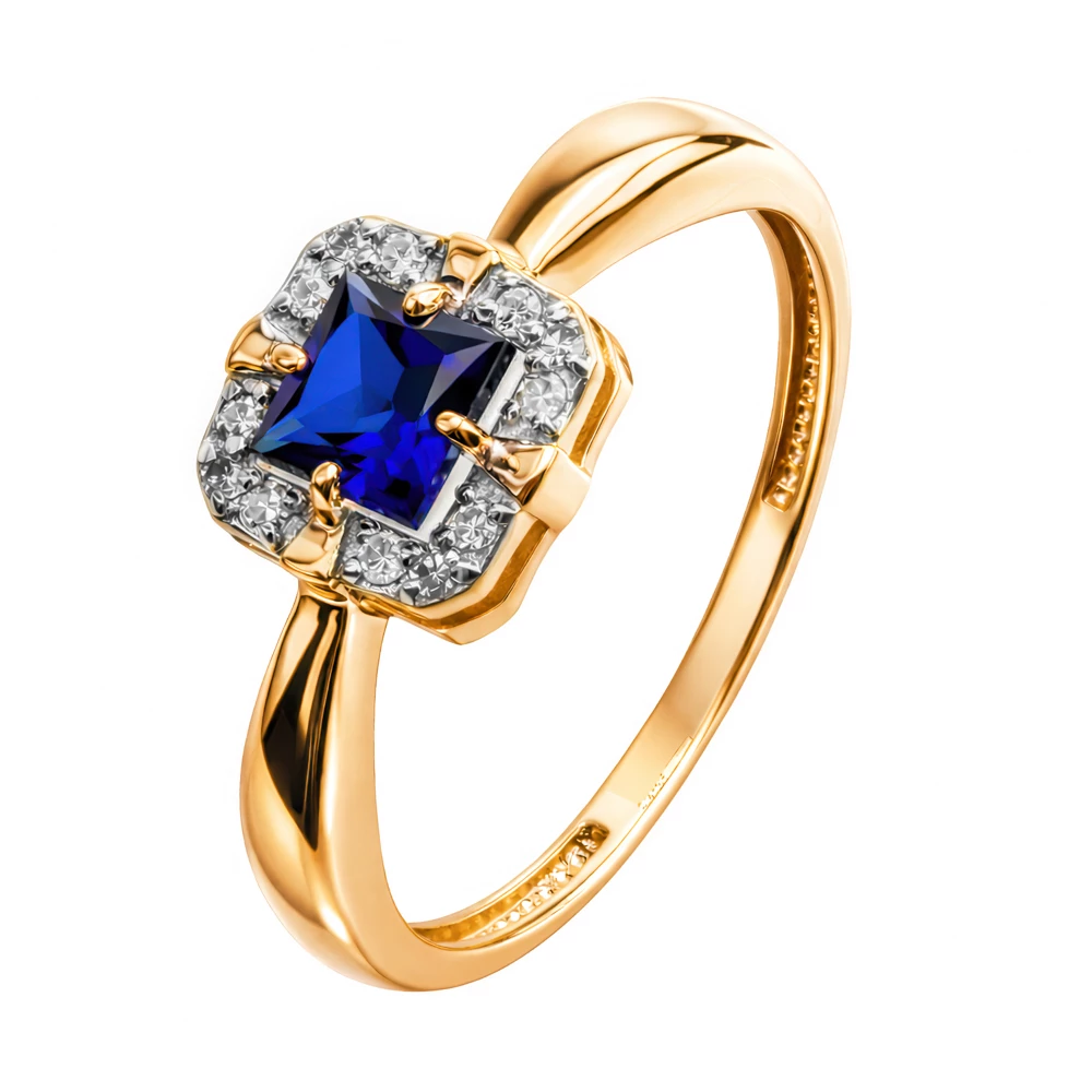 Кольцо с сапфиром синтетическим и бриллиантами из красного золота 585 пробы Кольцо с сапфиром синтетическим и бриллиантами из красного золота 585 пробы