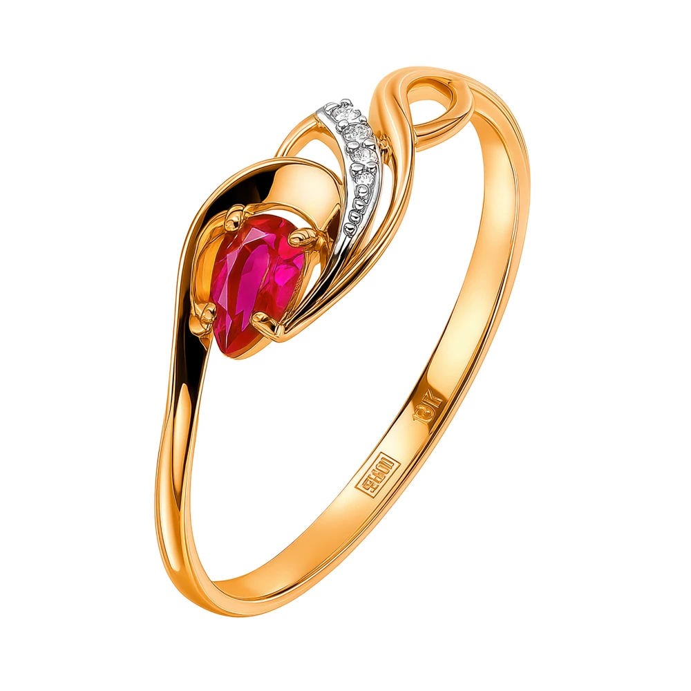 Кольцо с рубином синтетическим и бриллиантами из красного золота 375 пробы Кольцо с рубином синтетическим и бриллиантами из красного золота 375 пробы