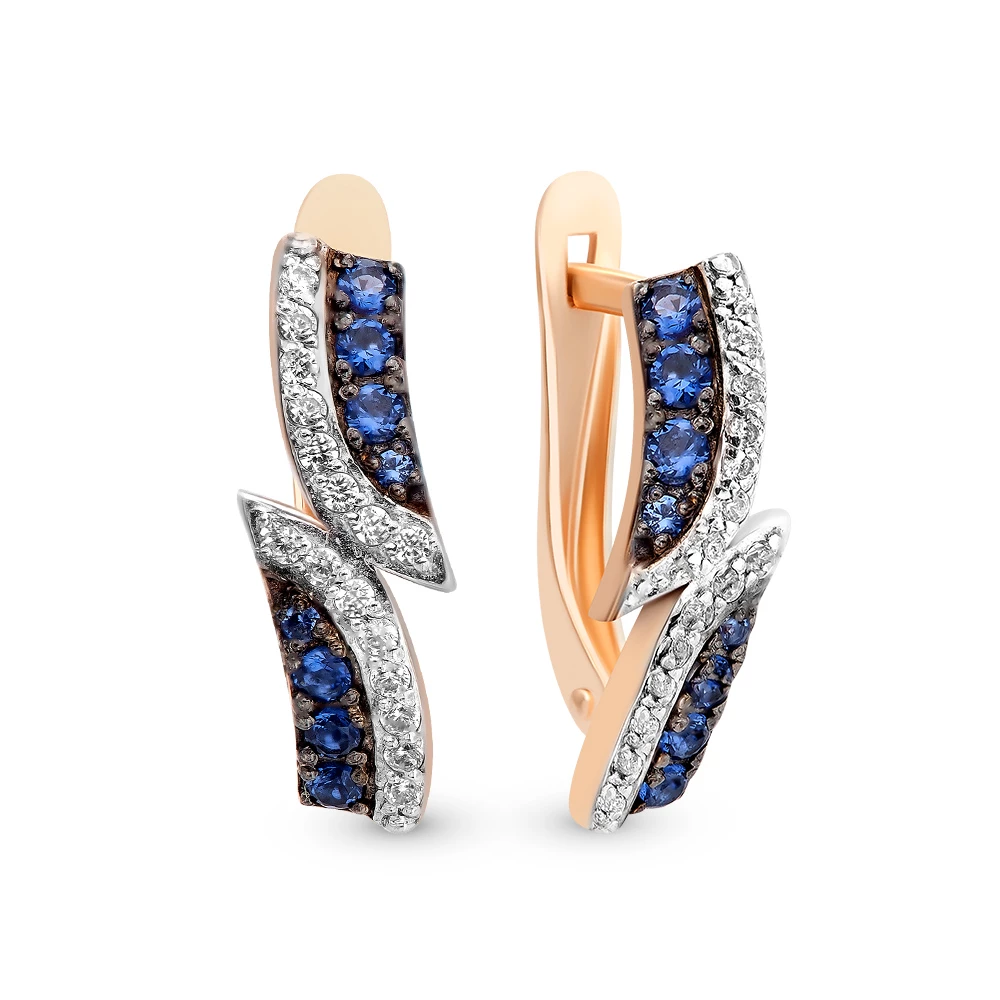 Серьги с сапфиром синтетическим и бриллиантами из красного золота 585 пробы