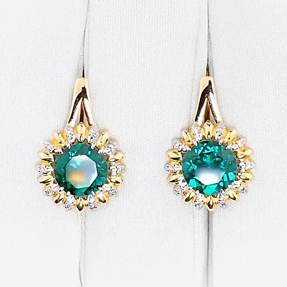 Серьги с изумрудом синтетическим и бриллиантами из красного золота 585 пробы 1