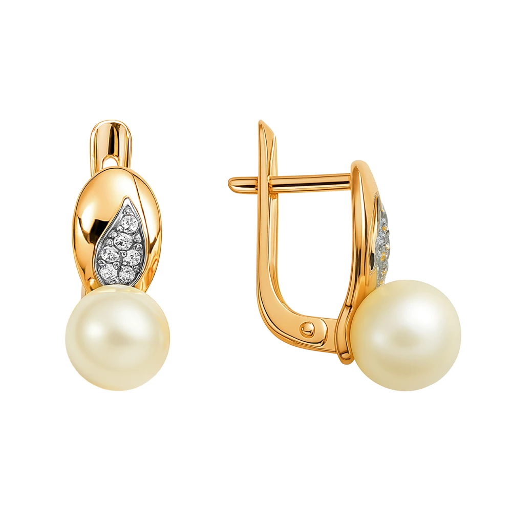 Серьги с культивированным жемчугом и фианитами из красного золота 585 пробы