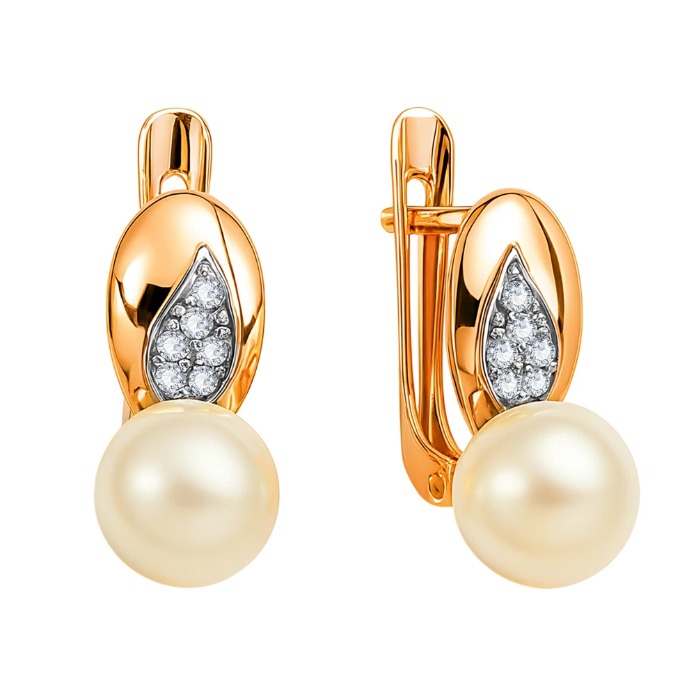 Серьги с культивированным жемчугом и фианитами из красного золота 585 пробы
