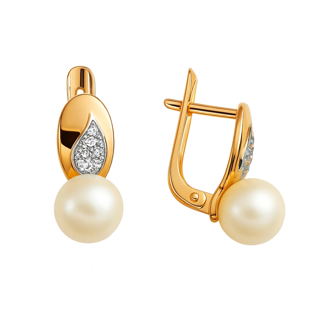 Серьги с культивированным жемчугом и фианитами из красного золота 585 пробы