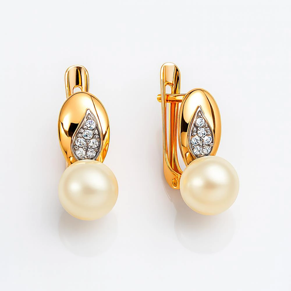Серьги с культивированным жемчугом и фианитами из красного золота 585 пробы