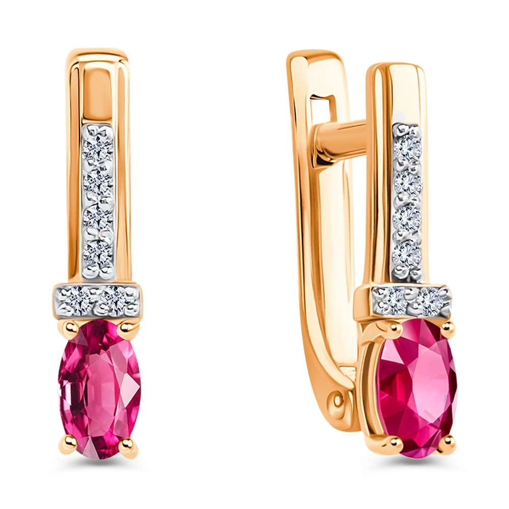 Серьги с рубином синтетическим и бриллиантами из красного золота 585 пробы 1