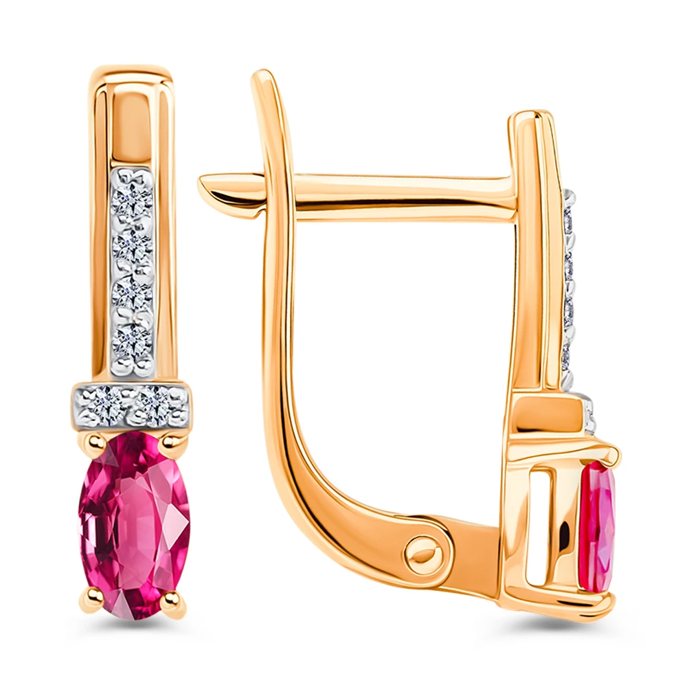 Серьги с рубином синтетическим и бриллиантами из красного золота 585 пробы 2