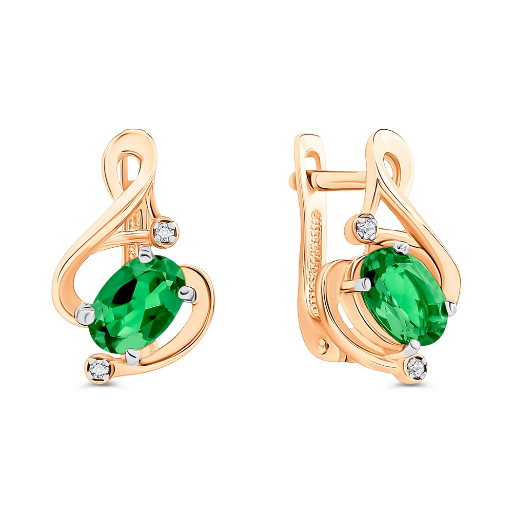 Серьги с гидротермальным изумрудом и бриллиантами из красного золота 585 пробы 1