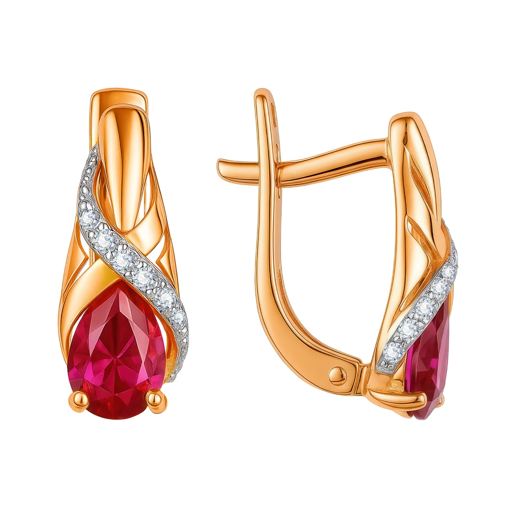 Серьги с рубином синтетическим и бриллиантами из красного золота 375 пробы
