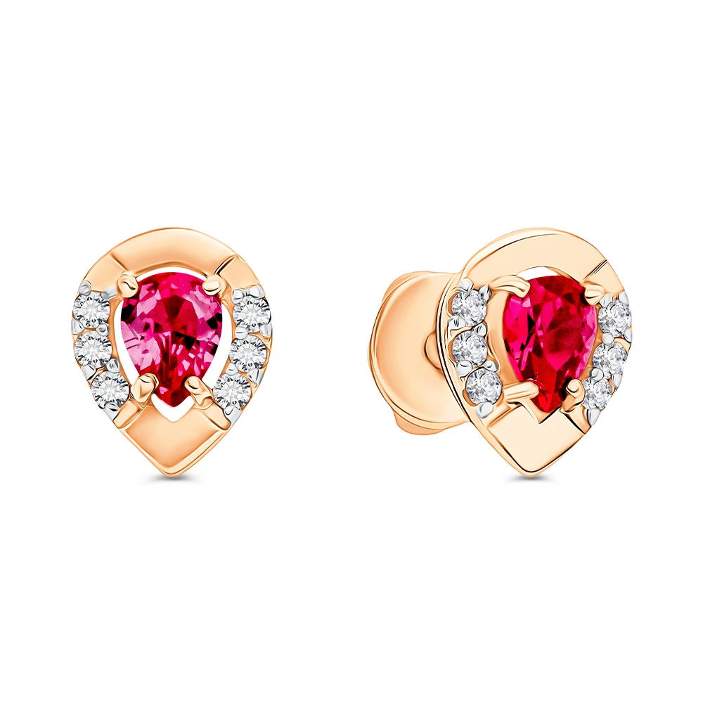 Серьги с рубином синтетическим и бриллиантами из красного золота 585 пробы 1