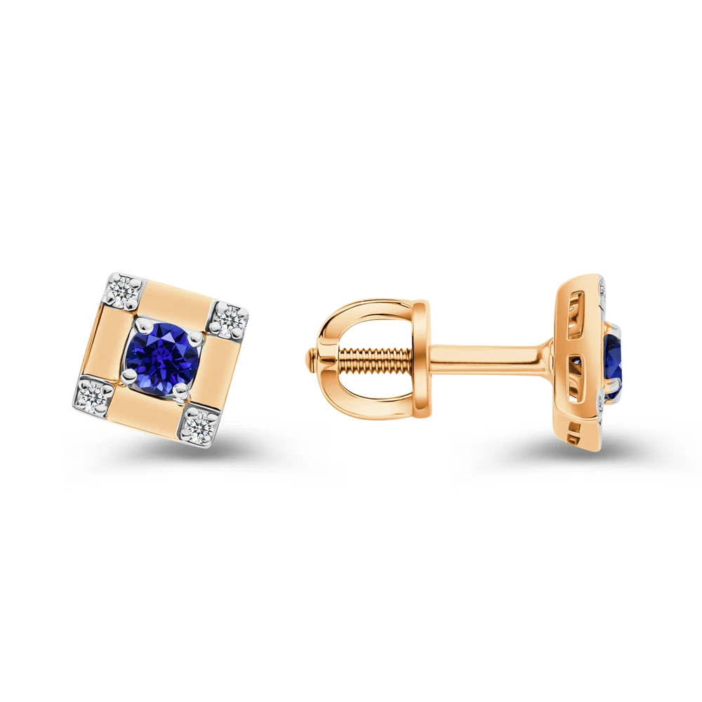 Серьги с сапфиром синтетическим и бриллиантами из красного золота 585 пробы 2