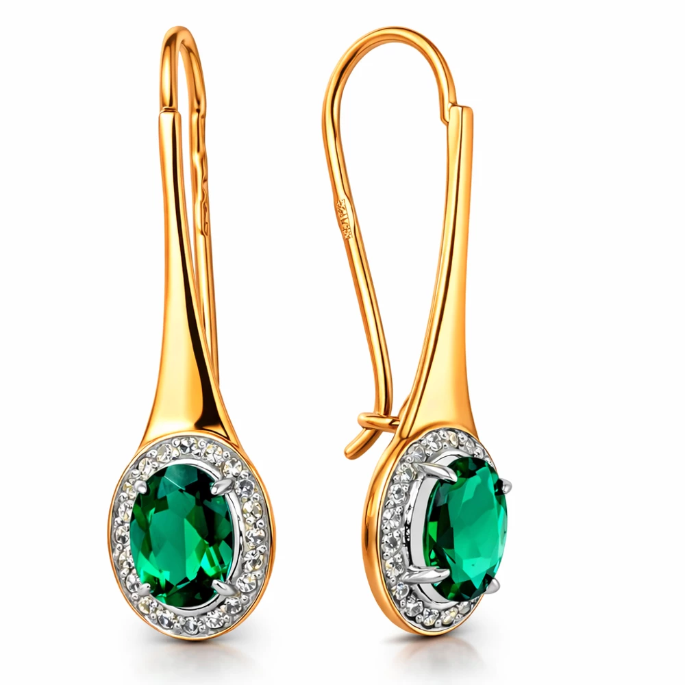 Серьги с гидротермальным изумрудом и бриллиантами из красного золота 585 пробы