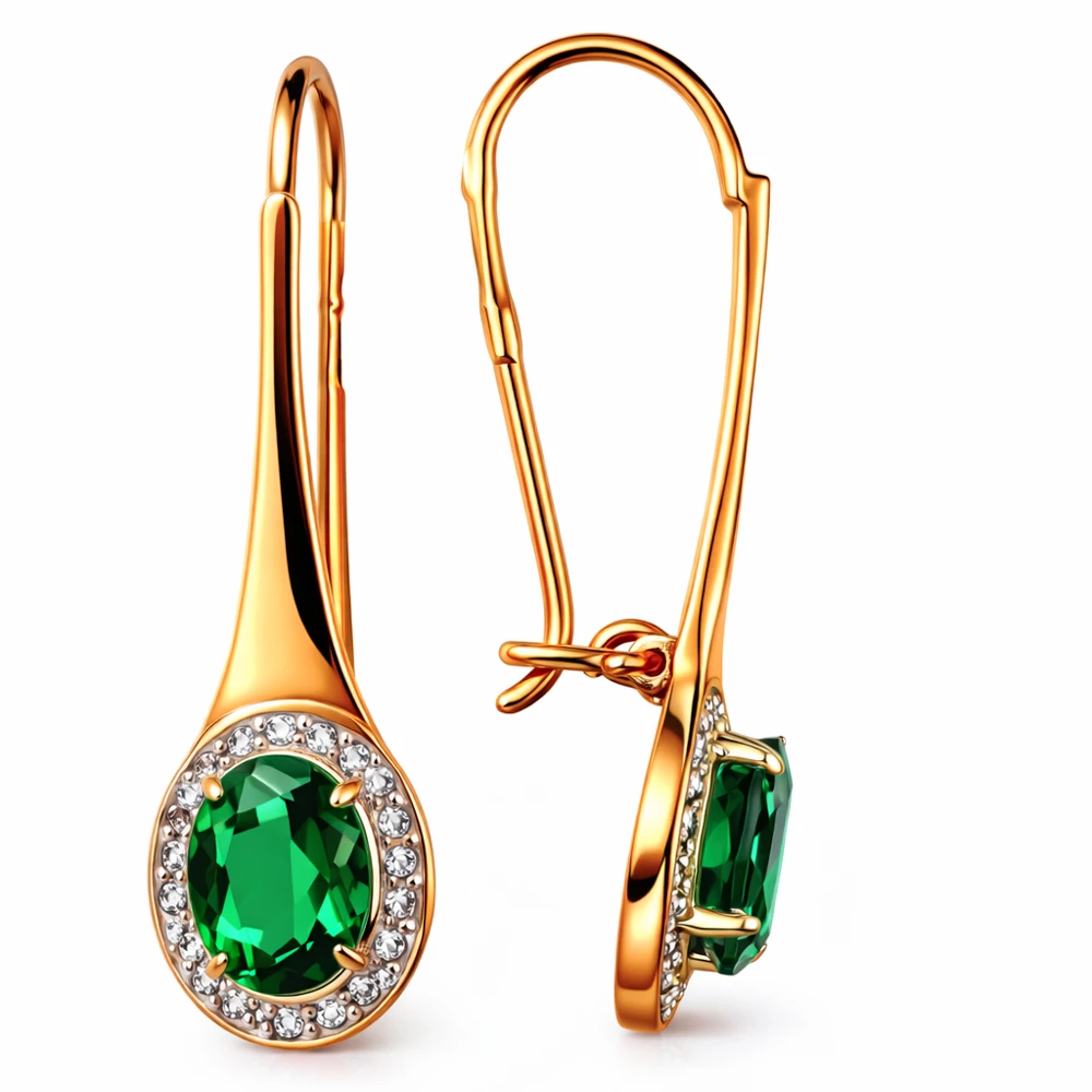 Серьги с гидротермальным изумрудом и бриллиантами из красного золота 585 пробы
