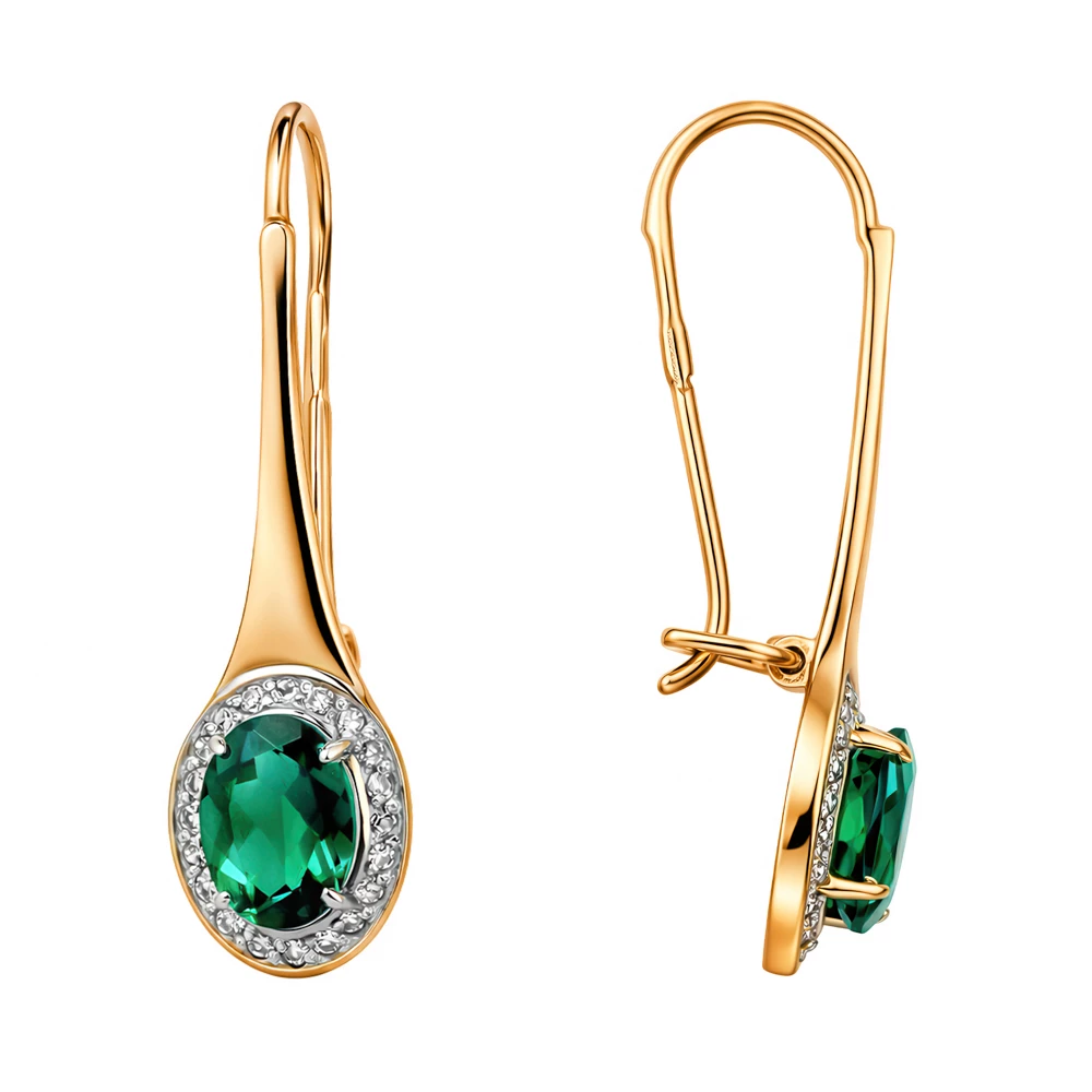 Серьги с гидротермальным изумрудом и бриллиантами из красного золота 585 пробы