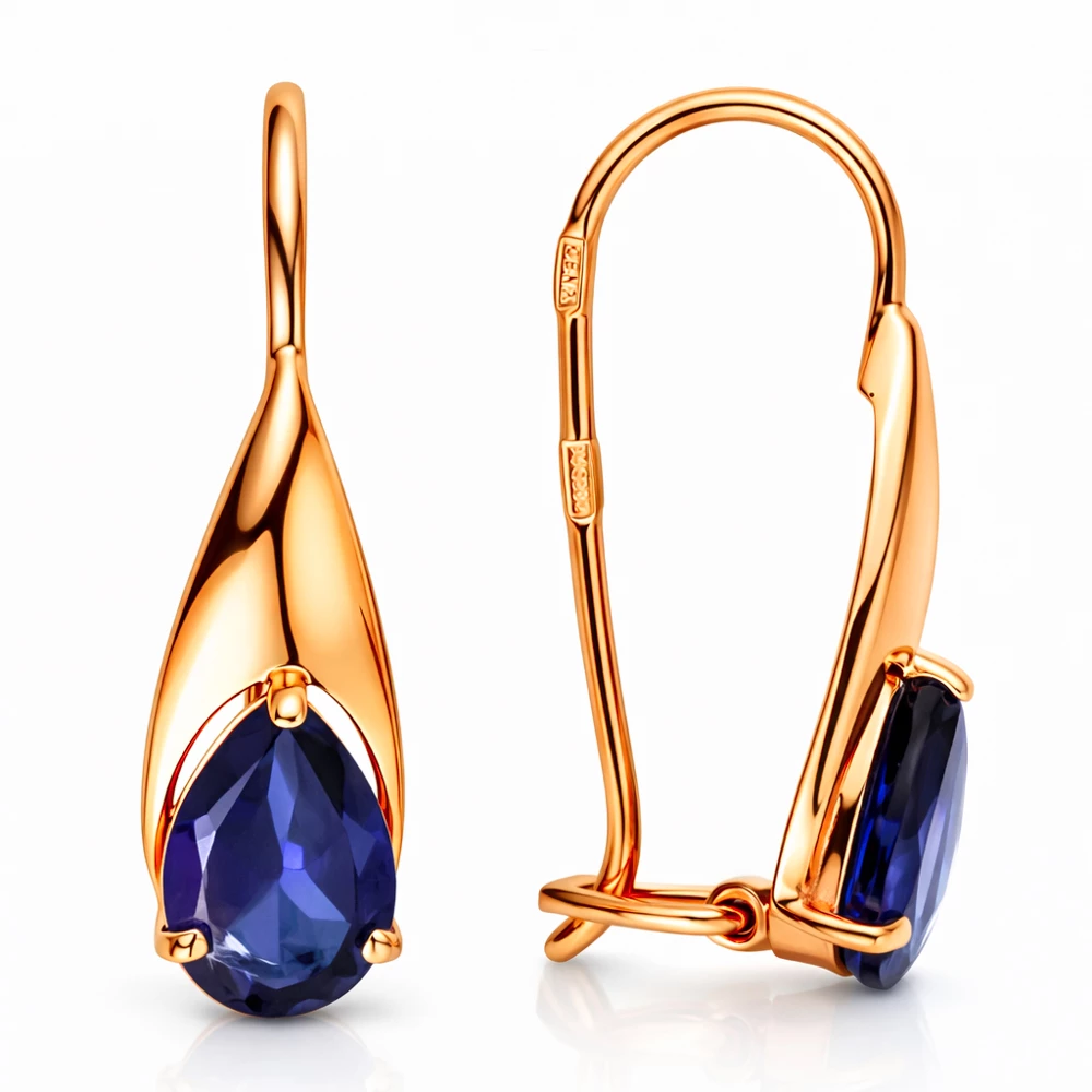 Серьги с сапфирами синтетическими из красного золота 585 пробы