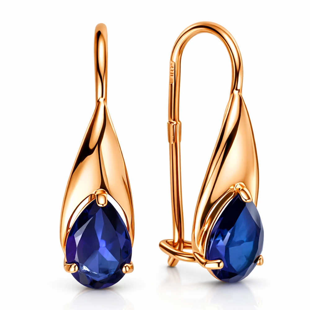 Серьги с сапфирами синтетическими из красного золота 585 пробы