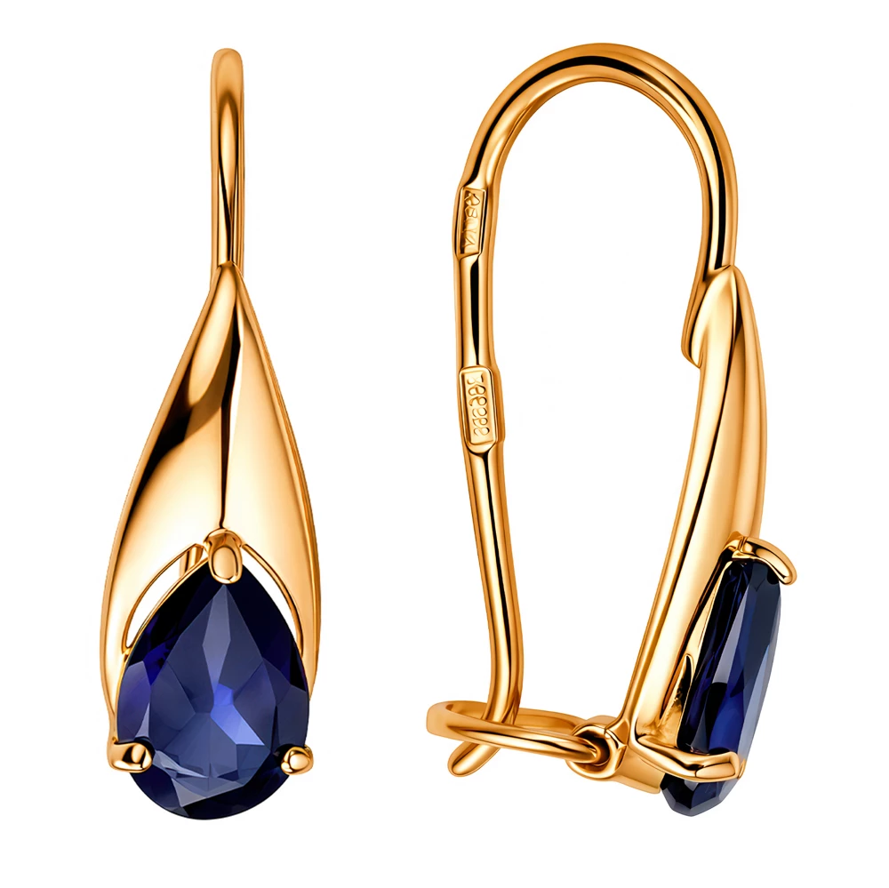 Серьги с сапфирами синтетическими из красного золота 585 пробы