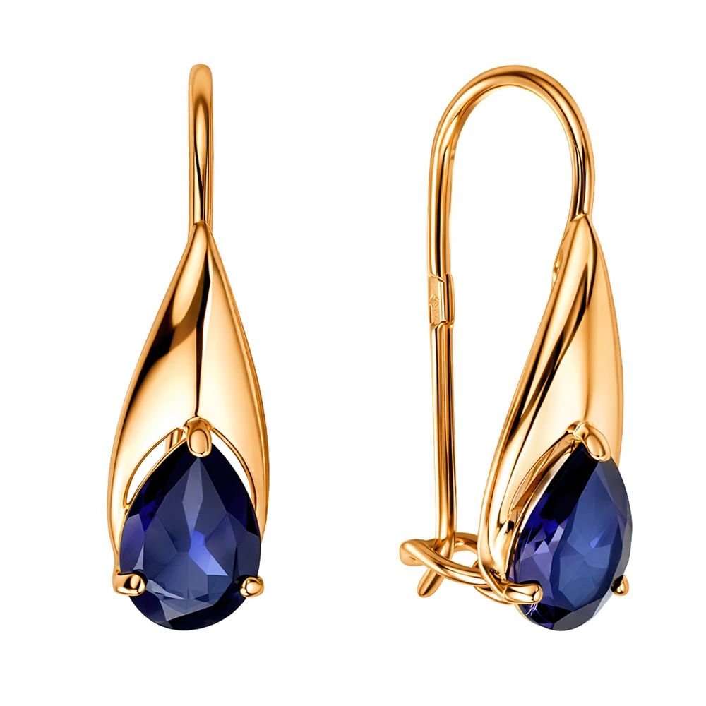 Серьги с сапфирами синтетическими из красного золота 585 пробы