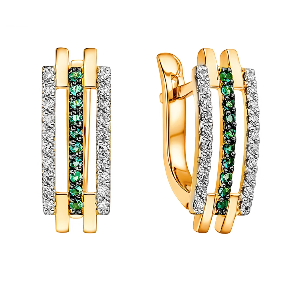 Серьги с изумрудом синтетическим и бриллиантами из красного золота 585 пробы