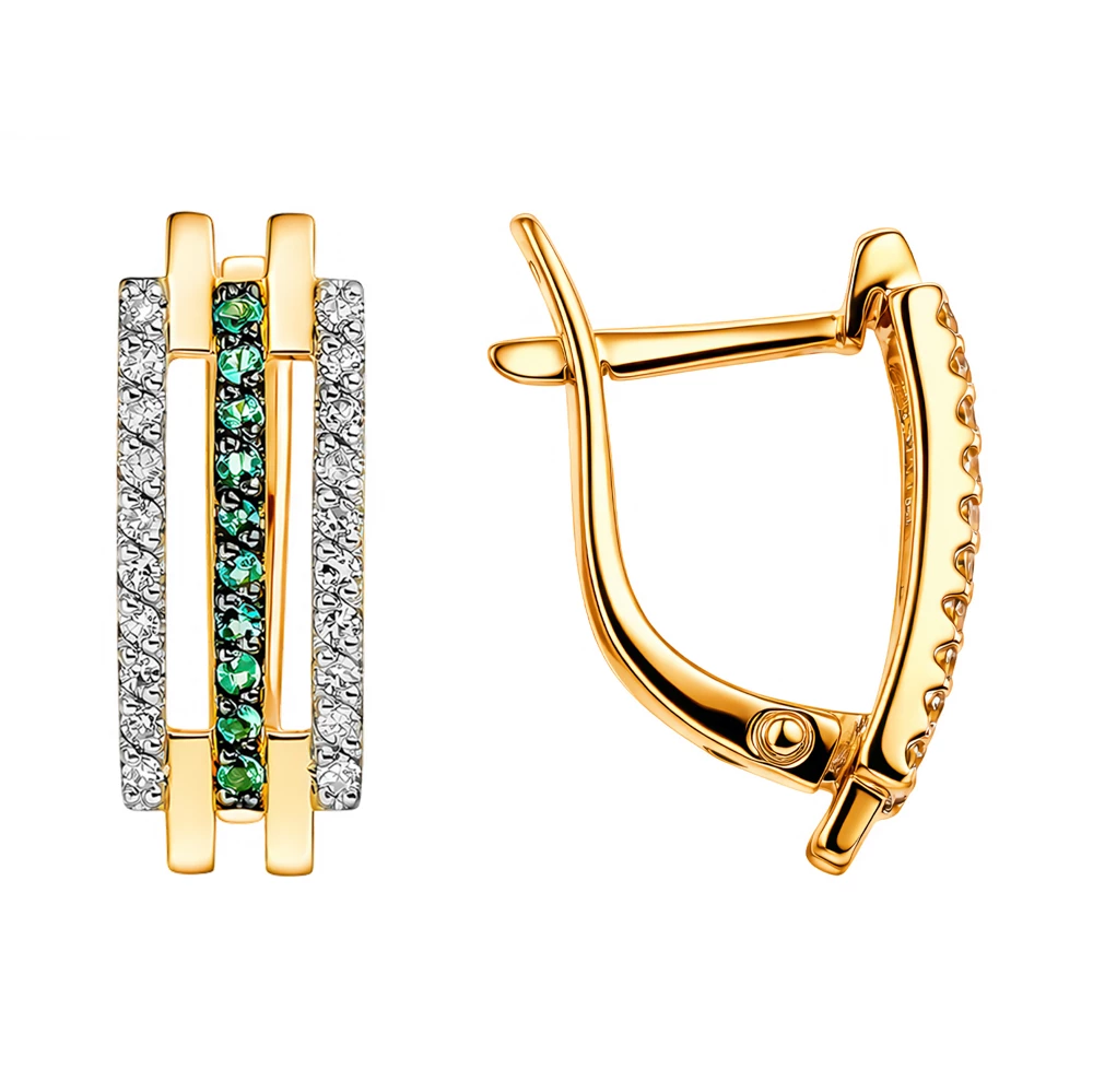 Серьги с изумрудом синтетическим и бриллиантами из красного золота 585 пробы