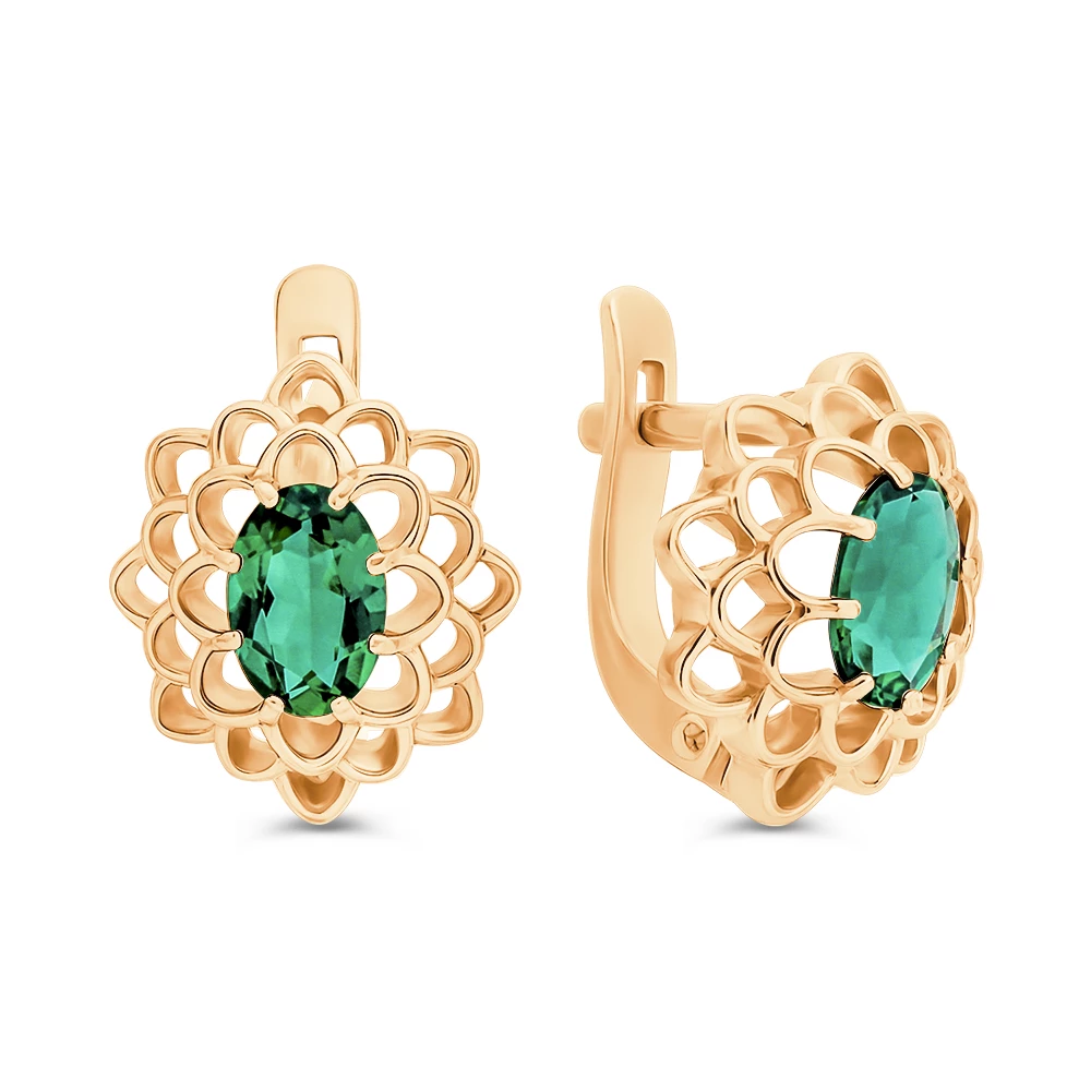 Серьги с гидротермальными изумрудами из красного золота 585 пробы 1