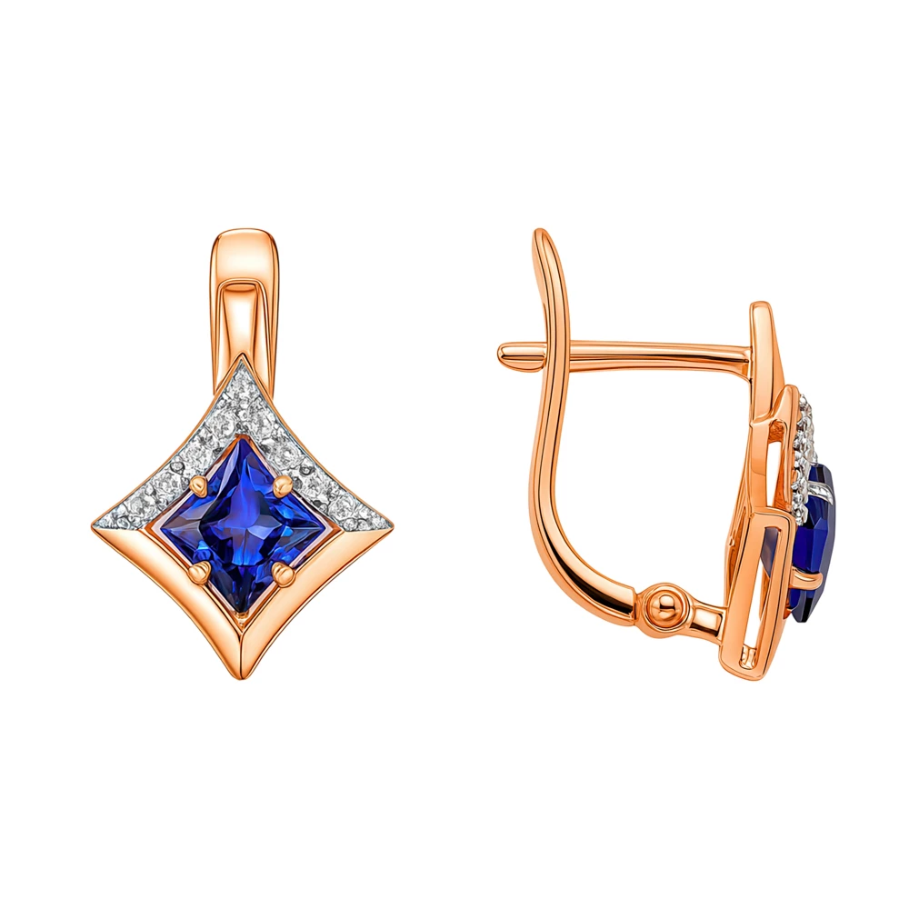 Серьги с сапфиром синтетическим и бриллиантами из красного золота 375 пробы 2