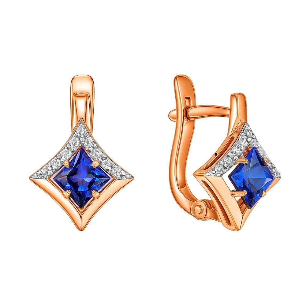 Серьги с сапфиром синтетическим и бриллиантами из красного золота 375 пробы 1