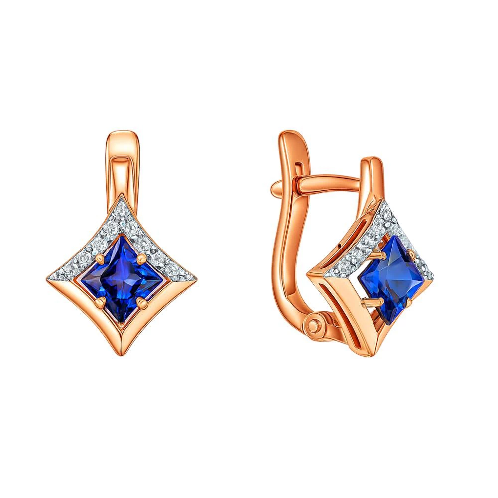 Серьги с сапфиром синтетическим и бриллиантами из красного золота 375 пробы 1