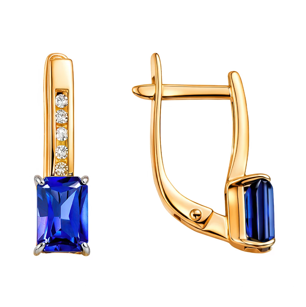 Серьги с сапфиром синтетическим и бриллиантами из красного золота 375 пробы