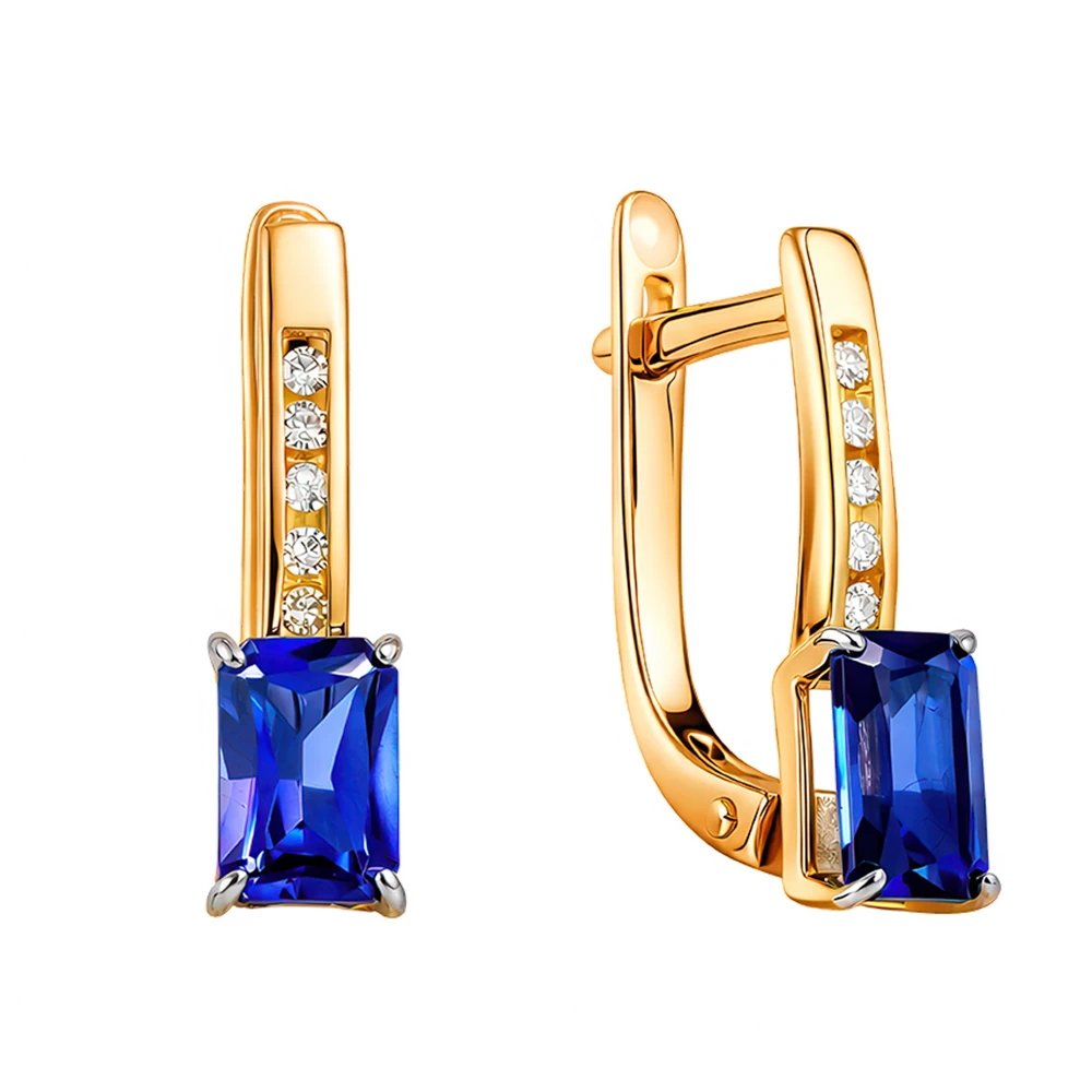 Серьги с сапфиром синтетическим и бриллиантами из красного золота 375 пробы