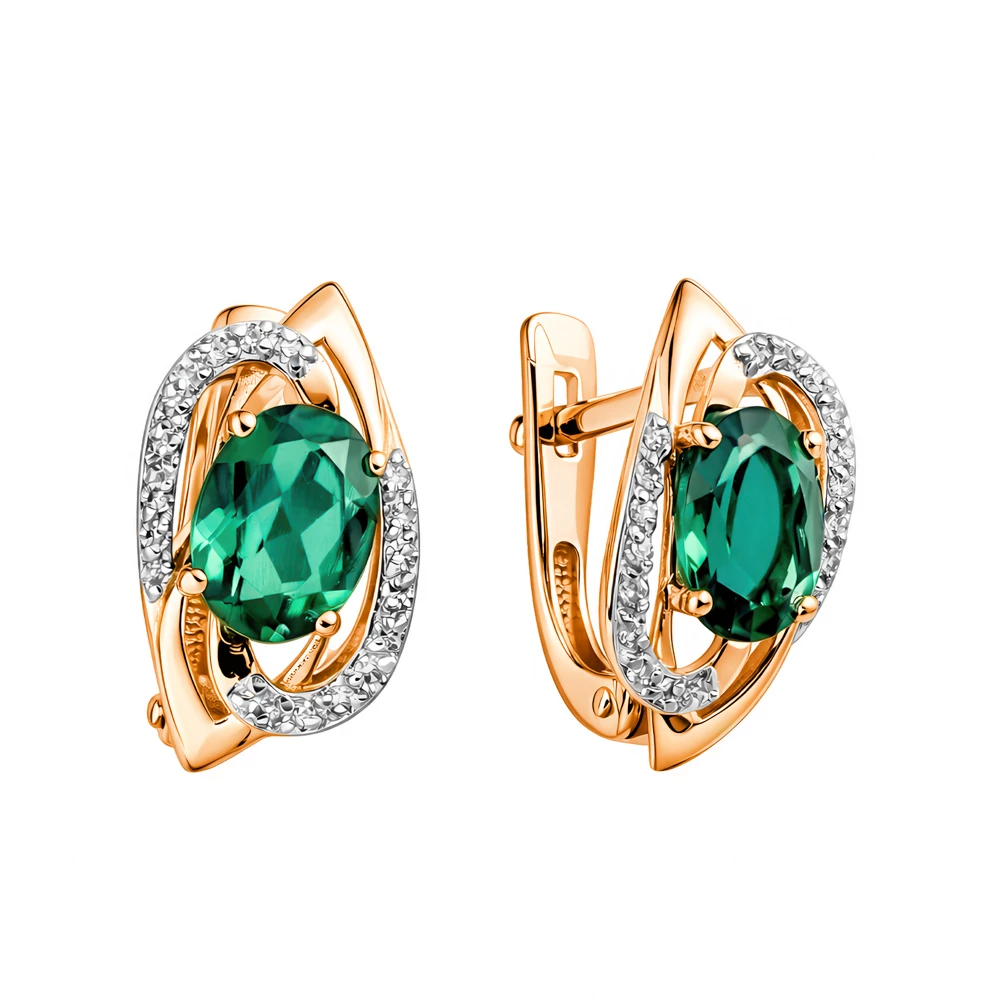Серьги с изумрудом синтетическим и бриллиантами из красного золота 585 пробы