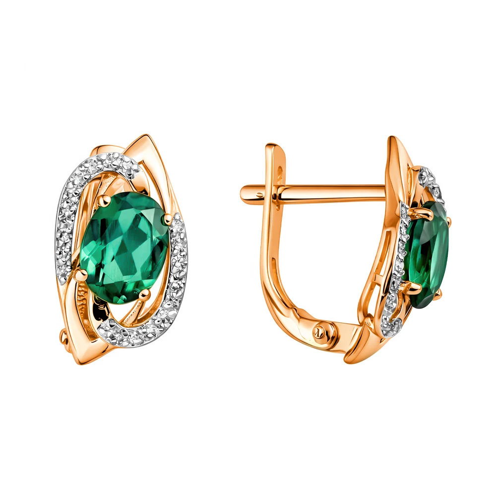 Серьги с изумрудом синтетическим и бриллиантами из красного золота 585 пробы