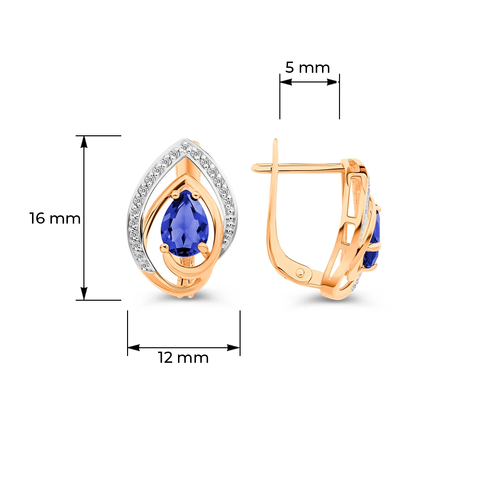Серьги с сапфиром синтетическим и бриллиантами из красного золота 585 пробы