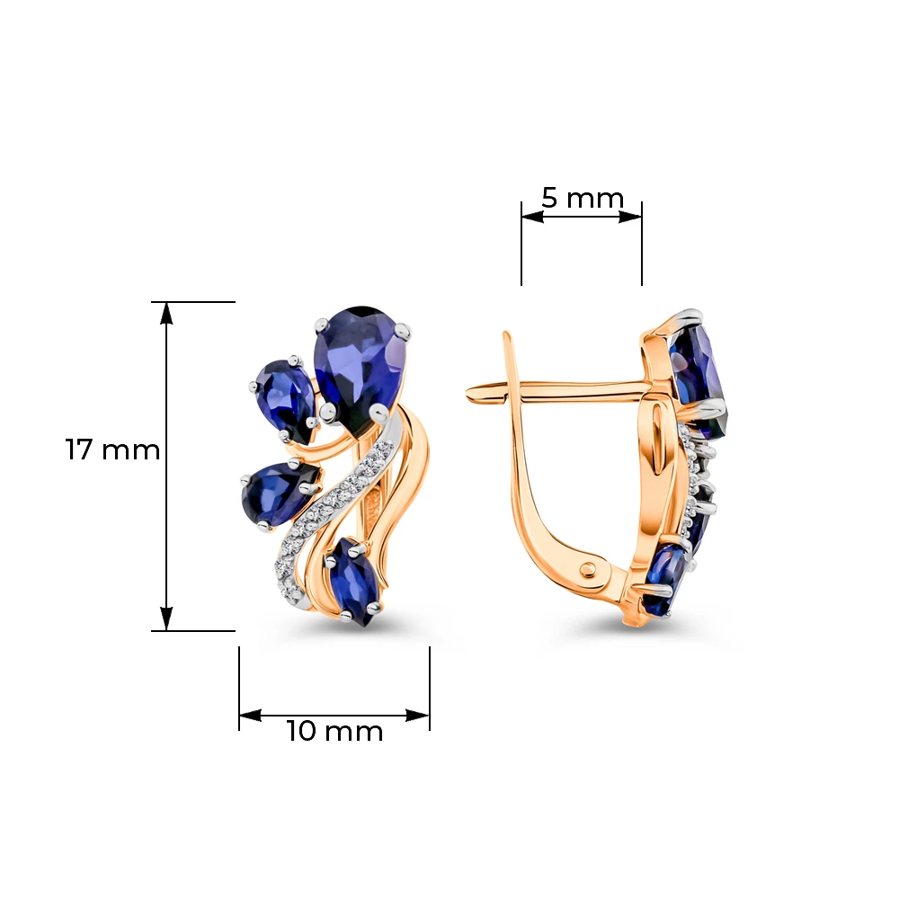 Серьги с сапфиром синтетическим и бриллиантами из красного золота 585 пробы