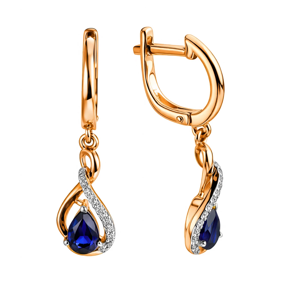 Серьги с сапфиром синтетическим и бриллиантами из красного золота 585 пробы