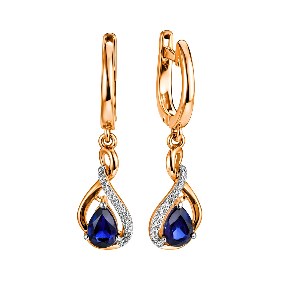 Серьги с сапфиром синтетическим и бриллиантами из красного золота 585 пробы