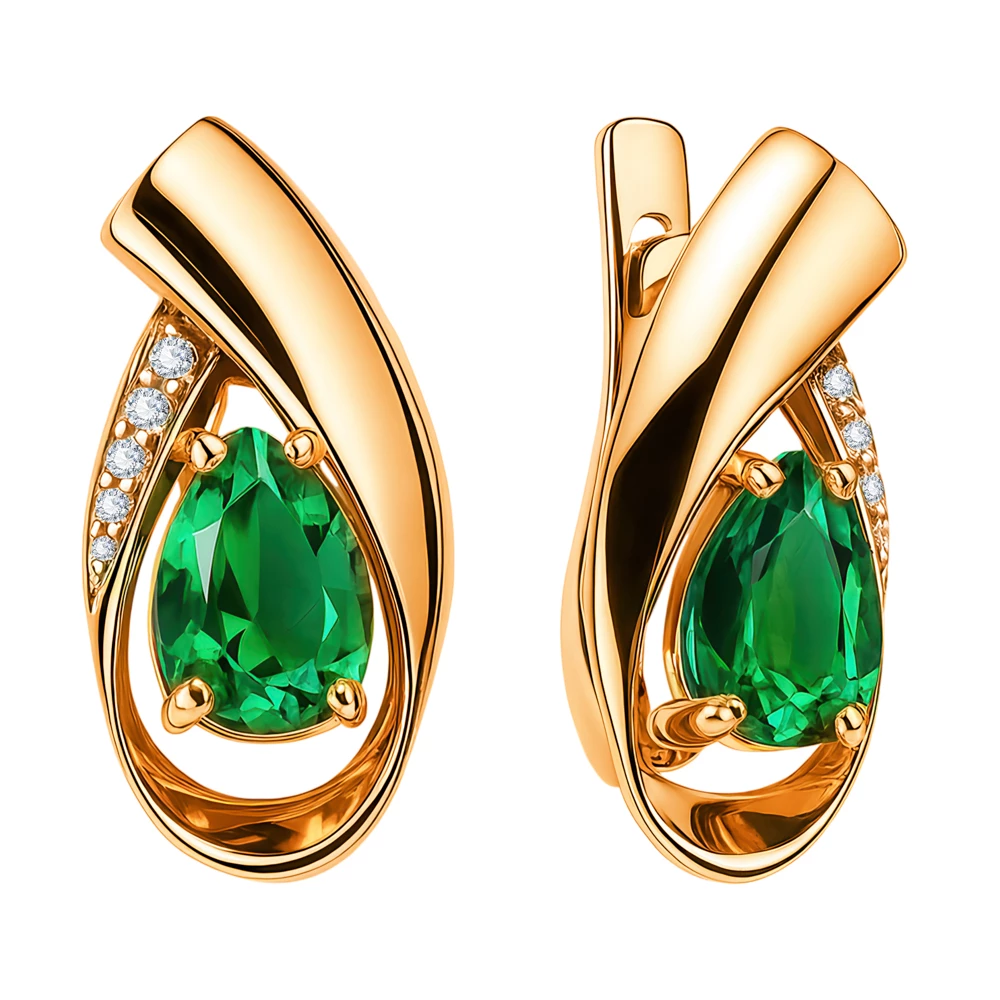 Серьги с гидротермальным изумрудом и бриллиантами из красного золота 585 пробы