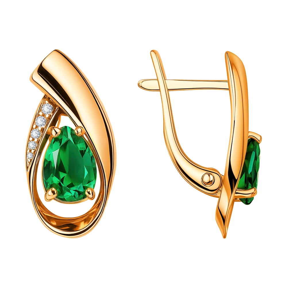 Серьги с гидротермальным изумрудом и бриллиантами из красного золота 585 пробы