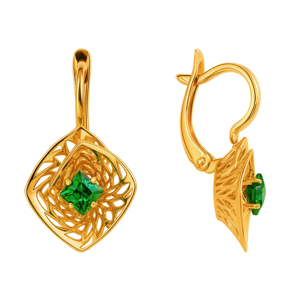 Серьги с гидротермальными изумрудами из красного золота 585 пробы