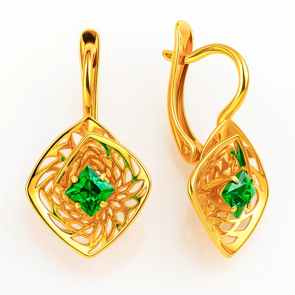 Серьги с гидротермальными изумрудами из красного золота 585 пробы