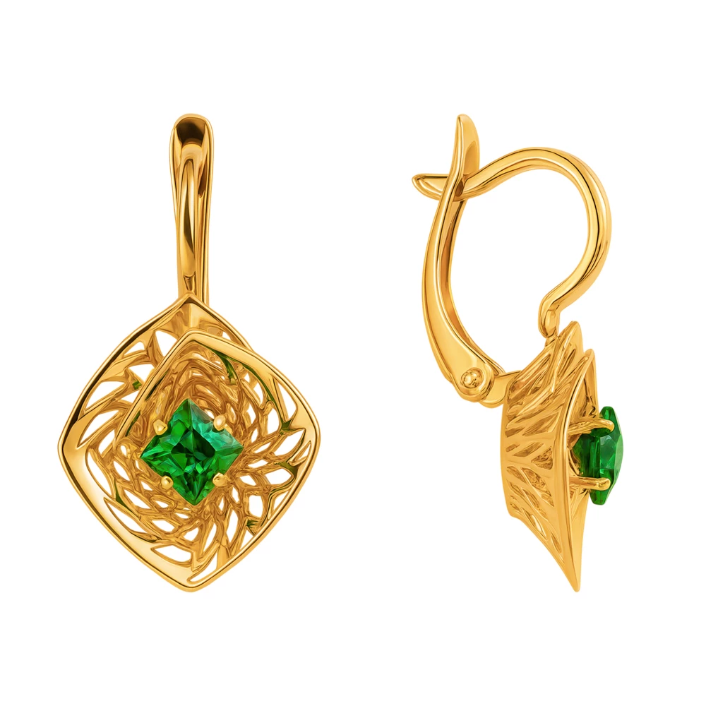 Серьги с гидротермальными изумрудами из красного золота 585 пробы