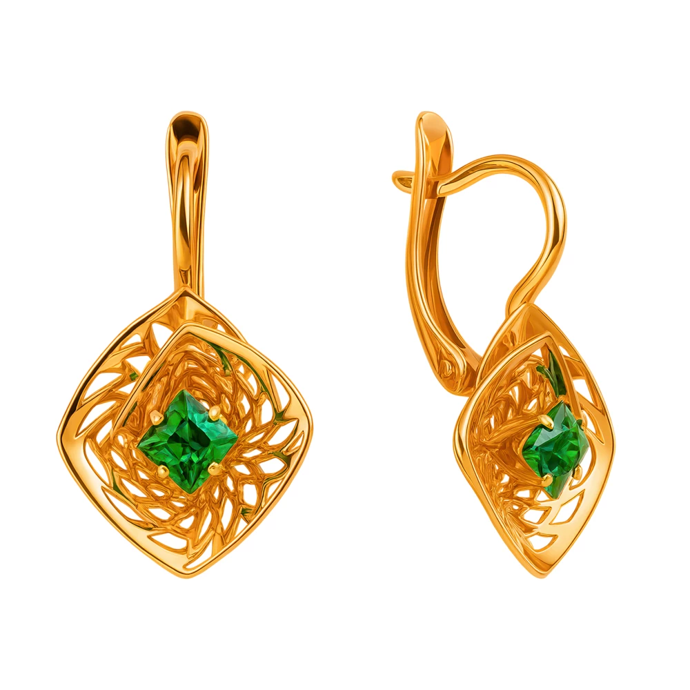 Серьги с гидротермальными изумрудами из красного золота 585 пробы