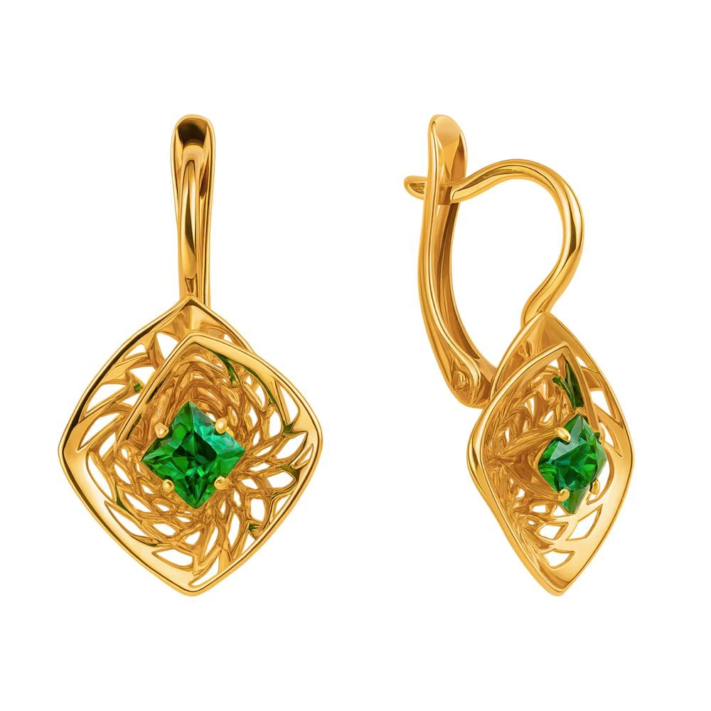 Серьги с гидротермальными изумрудами из красного золота 585 пробы