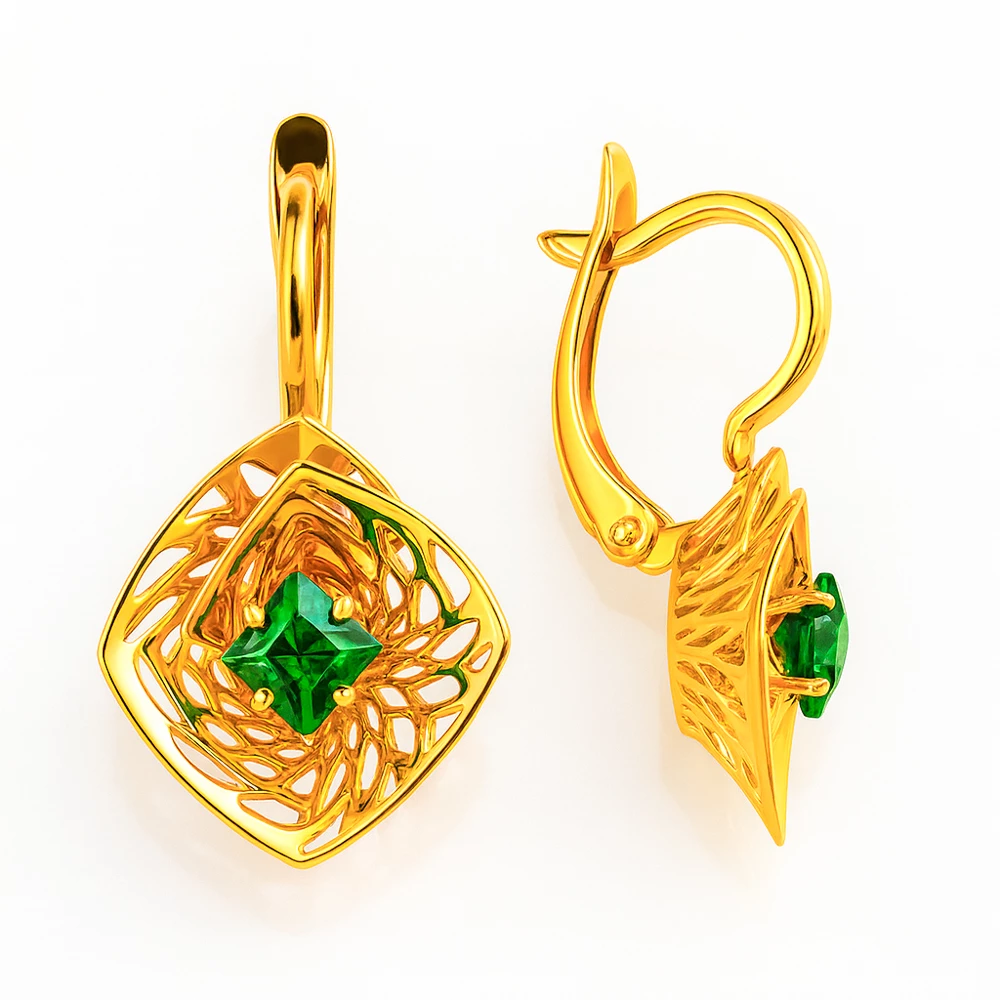 Серьги с гидротермальными изумрудами из красного золота 585 пробы