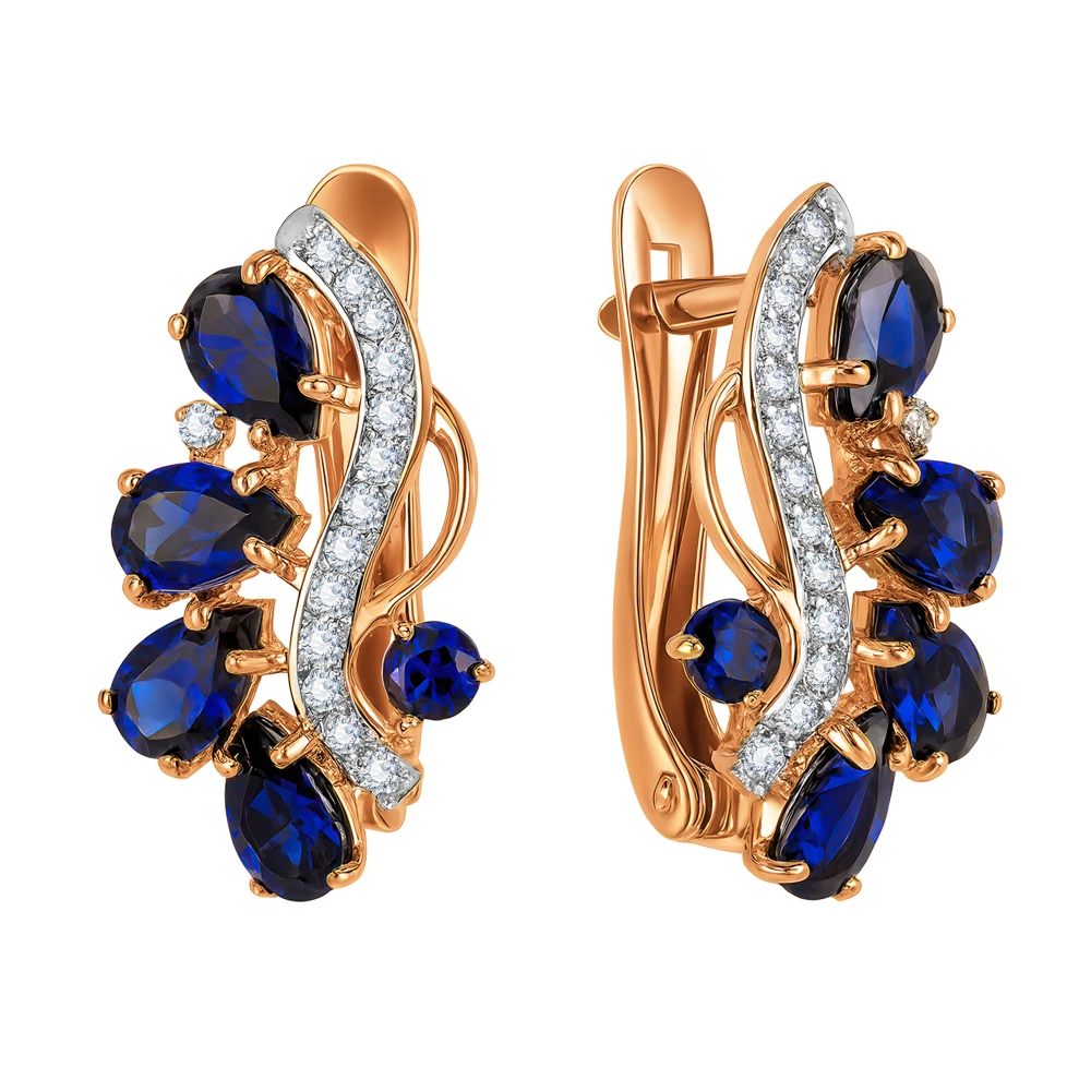 Серьги с сапфиром синтетическим и бриллиантами из красного золота 585 пробы
