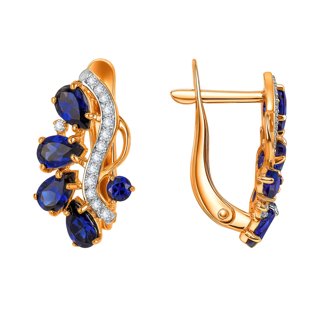 Серьги с сапфиром синтетическим и бриллиантами из красного золота 585 пробы Серьги с сапфиром синтетическим и бриллиантами из красного золота 585 пробы