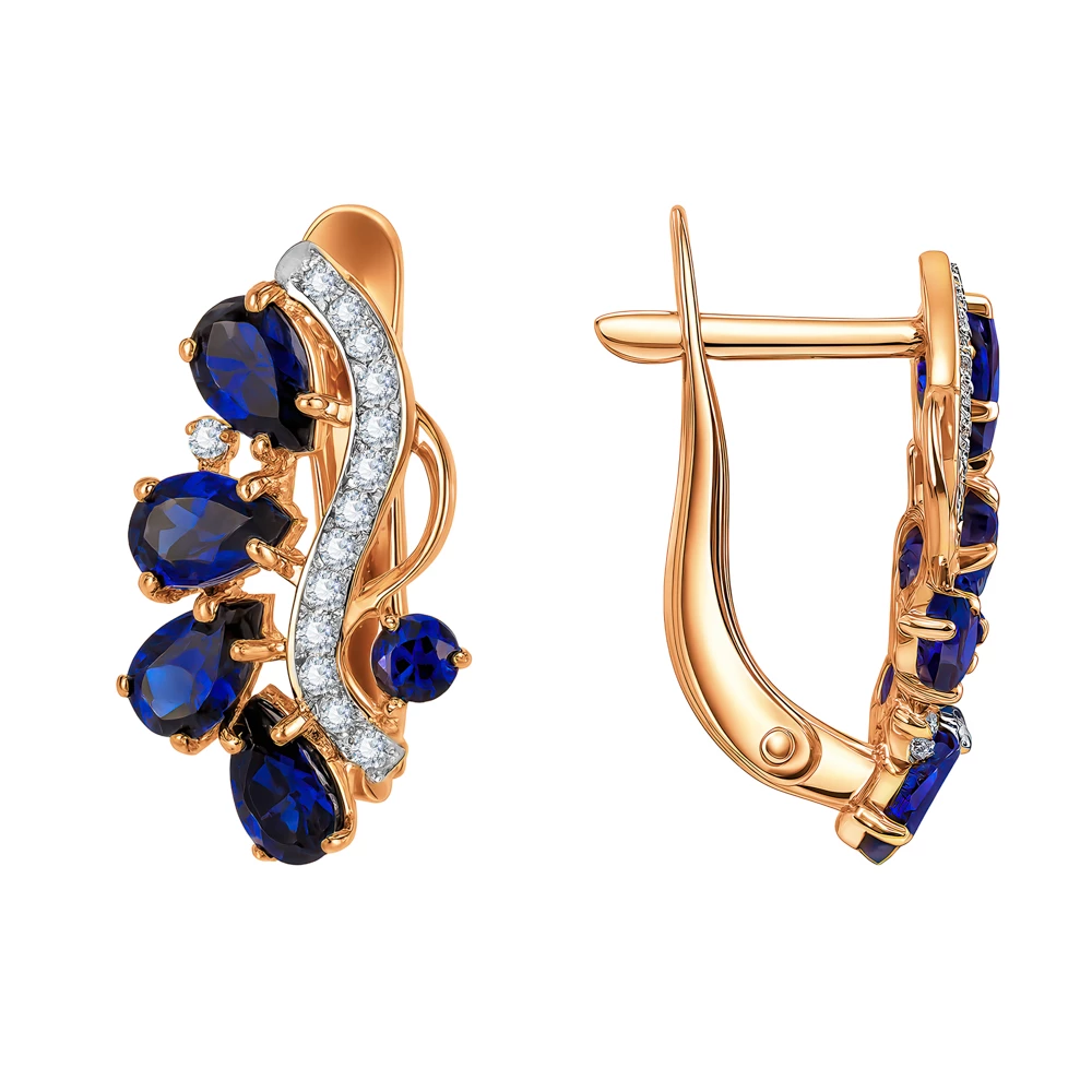Серьги с сапфиром синтетическим и бриллиантами из красного золота 585 пробы