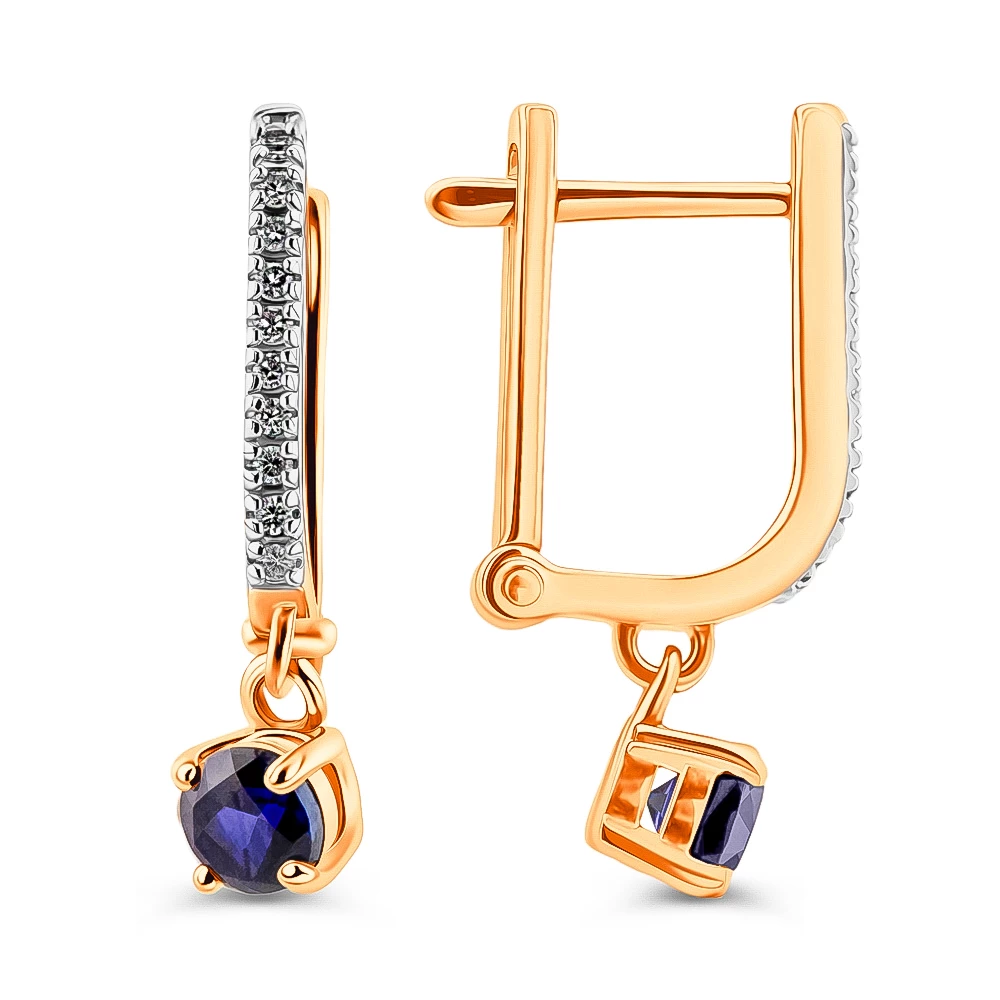 Серьги с сапфиром синтетическим и бриллиантами из красного золота 585 пробы