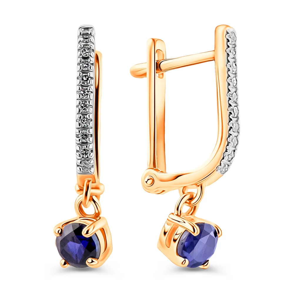Серьги с сапфиром синтетическим и бриллиантами из красного золота 585 пробы