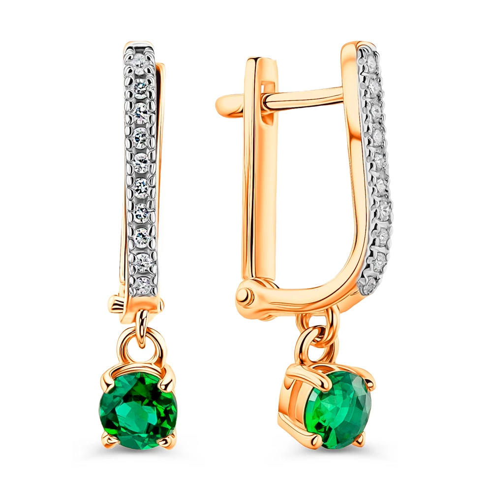 Серьги с гидротермальным изумрудом и бриллиантами из красного золота 585 пробы